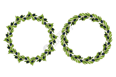 绿色橄榄框架绿色的橄榄和树叶 还有绿色的莓子 手画着圆形图纸边界框架艺术绘画黑色植物草图装饰漩涡圆圈插画