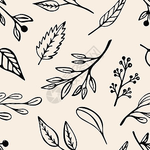 亚麻色叶子和植物在冲洗糊面颜色中无缝的图案 Beige 背景设计配有手工绘制的叶子和螺旋插画