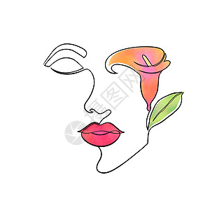 最小的女人脸艺术插图绘画草图标识极简植物主义者水彩嘴唇背景图片