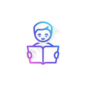 于家堡带书矢量图标的男孩 Trendy 充满活力的颜色梯度 微笑的人在阅读一本孤立于白背景的书设计图片