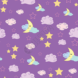 在紫色背景上微笑的月亮 云彩和星星的可爱重复模式背景图片
