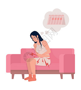女人疼痛患有无法忍受的月经抽筋的女孩半平板彩色向量特征插画