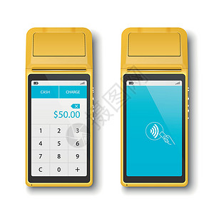 矢量 3d 橙色 NFC 支付机设置隔离 WiFi 无线支付 带有金额和 Wifi 标志的屏幕 POS 终端 银行支付非接触式终背景图片