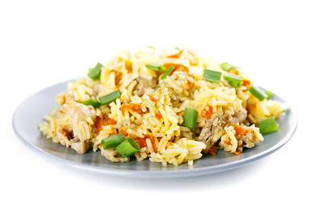 炒饭和肉午餐白色酱料洋葱香米食物抓饭健康绿色宏观背景图片