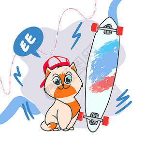 猫帽红帽子的可爱卡通姜猫 骑长板 玩得开心 滑溜冰 暑假数字插图娱乐卡通片涂鸦宠物艺术衣服杯子溜冰者设计图片
