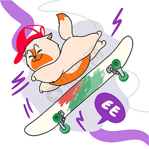 雄猫红帽子的可爱卡通姜猫 骑长板 玩得开心 滑溜冰 暑假溜冰者女孩艺术娱乐运动鞋衣服卡通片尾巴短裤杯子设计图片