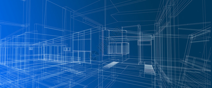 建筑室内空间设计理念 3d 透视白色线框渲染渐变蓝色背景计算机智能技术背景图片