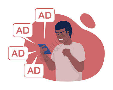 弹出窗口男人对多余的在线广告 2D 矢量孤立插图感到愤怒插画