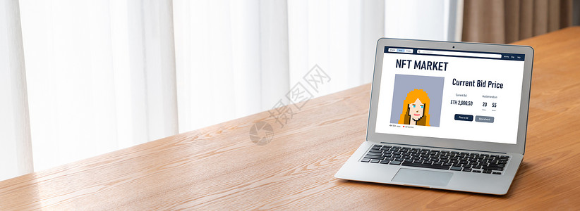 NFT市场为数字艺术家提供时尚销售渠道艺术拍卖电脑笔记本男人货币网站平台贸易交换背景图片