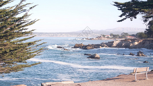 蒙特里久尼在蒙特里加利福尼亚州海岸的岸上 坠落着海浪 海浪海岸线力量车程飞溅长椅丛林松树岩石海洋波浪背景