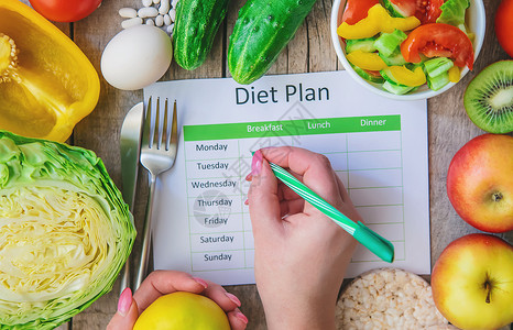 每周饮食计划 适当营养的概念 有选择的焦点日程早餐蔬菜食物磁带控制水果减肥日记沙拉背景图片