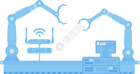 带机械臂的自动输送线 物联网和自动化的概念 孤立 向量机械全球化劳动者电子人工作工程技术包装电脑工具设计图片