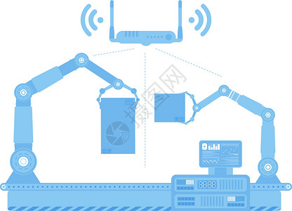 机器包装带机械臂的自动输送线 物联网和自动化的概念 孤立 向量机械生产输送带机器人产品科学技术工作插图工程设计图片