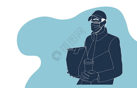 拿包赶路男性穿着蓝色制服的微笑送货员拿着一个包箱扁矢量图解命令男人插图食物卡通片物流导游邮政运输男生插画