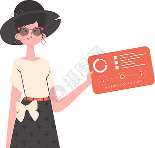 拿着信用卡在客厅网购的女生一个女人拿着一个配有分析器和指标的面板 在她手中 IoT概念 孤立 趋势平坦风格 矢量互联网技术档案人士软件创新代码公司自动化日设计图片