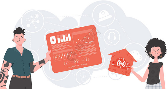 IoT概念  物料团队  互联网 对介绍和网站有好处 以时髦的平板风格用矢量图解男人工作女性银行技术伙伴办公室网络商业制造业背景图片