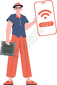 保安标志这家伙手里拿着一个带有IOT标志的电话 互联网上的东西概念 流行式平板风格的矢量插图设计图片