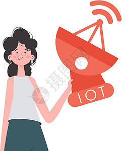 物联网概念 一个女人手里拿着一个卫星天线 孤立在白色背景上 时尚的平面风格 矢量图背景图片