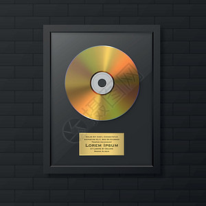 CD专辑现实矢量 3d 金黄色光盘和黑砖墙上黑色框架标签 单专辑 集束磁盘奖 有限版 设计模板插画