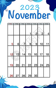 11 月计划日历 2023 年 英语矢量垂直日历模板 简约的设计 星期从星期日开始背景图片