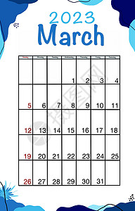 3 月计划日历 2023 年 英语矢量垂直日历模板 简约的设计 星期从星期日开始背景图片