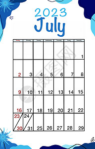 7 月计划日历 2023 年 英语矢量垂直日历模板 简约的设计 星期从星期日开始背景图片