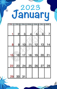 一月 规划师 2023 年 英语矢量垂直日历模板 简约的设计 星期从星期日开始背景图片