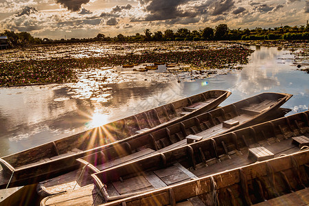 荷花池小船粉荷塘木船旁边水面上的阳光 老木小船和红色莲花在泰国 在水上市场的日落时分 小船漂浮在池塘的表面植物花园荷花池公园反射旅行建筑学背景