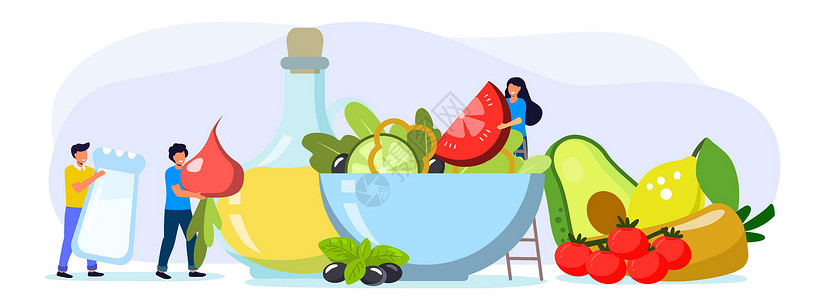 西红柿沙拉站在沙拉碗旁的瘦小人支持着巨大的沙拉碗平板矢量插图酒吧食谱女士叶子家庭幸福美食生物厨房盘子设计图片
