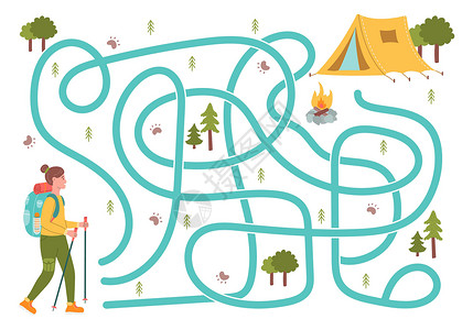 歧途迷宫 帮助女孩旅行者找到通往旅游营地的正确道路 对孩子的逻辑追求 儿童书籍的可爱插图 教育游戏插画