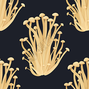 黑林吉矢量无缝模式与黑金针菇 无缝纹理 手绘卡通金针菇布什 纺织品 墙纸的设计模板 金针菇 蘑菇印花插画