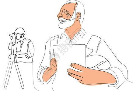 白种工人头戴头盔使用平板电脑单线领班商业绘画木材工作台画线员工专家男性背景图片