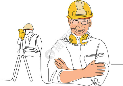 白种工人头戴头盔使用平板电脑职场线条艺术制造业手工一条线绘画工匠团队实线背景图片
