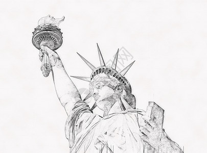 自由女神像 手绘风格笔笔画女士艺术铅笔纪念碑火炬黑与白天空草图自由数字背景图片