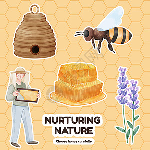 蜂巢蜂窝带有蜜蜂概念的粘贴板模板 水色风格食物糖浆向日葵产品标识营销蜂房香味插图甜点插画