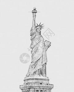自由女神像 手绘风格笔笔画绘画纪念碑数字铅笔艺术草图黑与白自由国家火炬背景图片