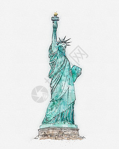自由女神像插图以白色背景孤立的 自由女神像 水彩画插图艺术品数字绿色纪念碑绘画自由地标草图艺术雕像背景