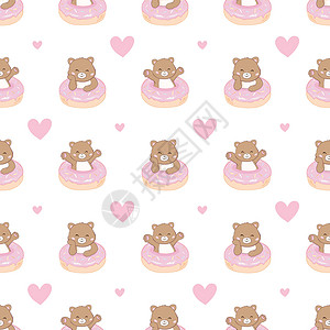 可爱动物甜甜圈无缝模式与泰迪熊 甜甜圈 手画字母的快乐 甜蜜滑板车玩具插图童年手绘艺术孩子墙纸女孩食物设计图片