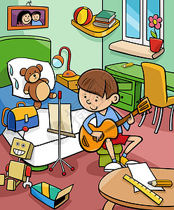 男孩在房间里弹吉他 卡通插图高清图片