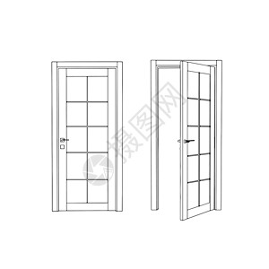 两扇门门窗修理主楼图标 房屋翻新概念线平面矢量插图 白色隔开 设计前装饰门插画