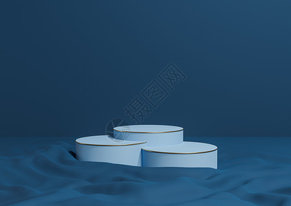黑色 水蓝色3D 提供最起码产品 展示三个豪华圆柱式讲台或摊台 用卷状纺织产品摄影背景图画布和金线化妆品背景图片
