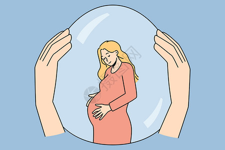 手放在肚子处将孕妇放在安全气泡中拉着她插画