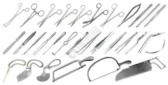 一套手术器械 镊子 手术刀 石膏锯和骨锯 截肢刀和石膏刀 显微手术钳和夹子 钩子 针 不同形状和用途的剪刀 向量插画