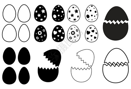 集生鸡蛋东面鸡蛋图标集 光影和大纲设计 在白色背景中孤立的 Vector 插图设计图片