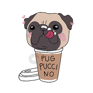 士奇狗咖啡杯中的帕格狗与单词卡通漫画矢量插图插画