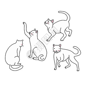 白猫布置设置卡通矢量插图艺术猫咪动物姿势宠物卡通片线条小猫背景图片