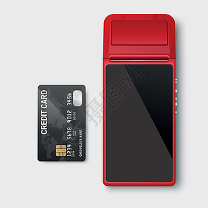 银行卡样机矢量 3d 红色 NFC 支付机和信用卡支付卡隔离 WiFi 无线支付 POS 终端 银行支付非接触式终端的机器设计模板 样机设计图片
