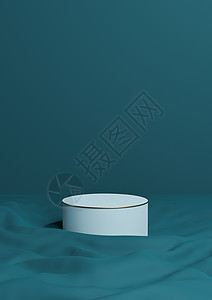深色 水蓝色3D 使最起码的产品显示一个奢华圆柱台或站在有金线的卷状纺织品产品背景壁纸抽象结构上 (c)背景图片