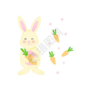 持有胡萝卜卡通漫画矢量插图的可爱兔子背景图片