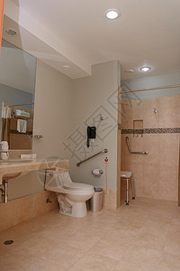 厕所安全栏一间医院房间里的浴室碎片 是的洗澡座位护理安全淋浴扶手壁橱人士卫生间残障背景